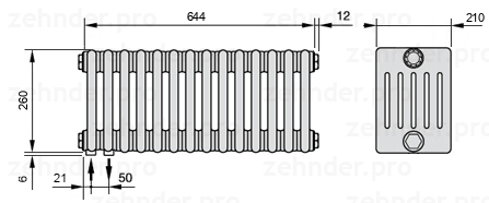 Схема (чертеж) Радиатор Zehnder Charleston 6026/14 №3370 Белый глянцевый RAL 9016
